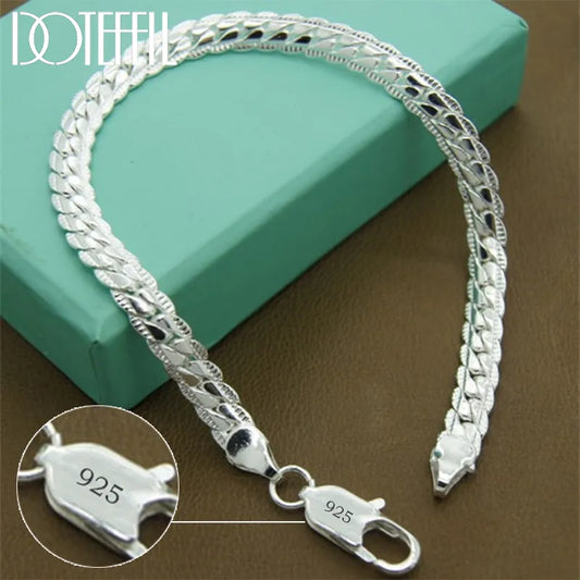 DOTEFFIL 925 Sterling Silver 24K Gold 6mm 18/19/20cm Flat Side Chain Bracelet For Woman Man Wedding Engagement Jewelry